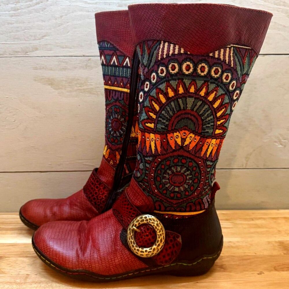 Socofy Calf High Women's Boots Boho Embroidered Tapestry Upper Red Leather SZ 39 - Picture 4 of 11